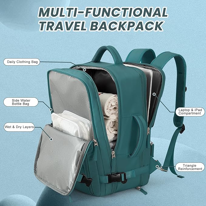 Beraliy Extra Large Travel Backpack for Women as Person Item Flight Approved, 40L Carry On Backpack, 17.3 Inch Laptop Backpack, Waterproof Backpack, Hiking Backpack, Casual Bag,Peacock Blue