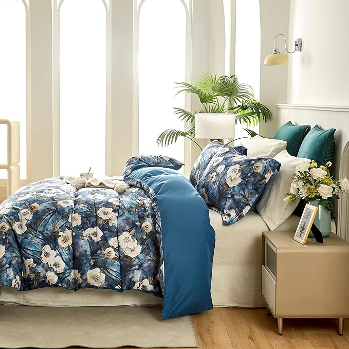 Cupocupa Boho Floral Duvet Cover Twin Set - Watercolor Botanical Microfiber Bedding, Vintage Coastal Style with Hidden Zipper & Corner Ties, Fade/Stain/Wrinkle Resistant (1 Cover + 1 Pillowcase)