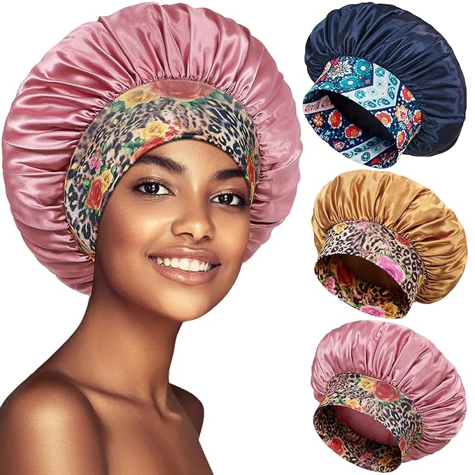 3 Pack Satin Bonnet Silk Hair Bonnet for Sleeping, Sleep Bonnets for Women Large Wide Soft Band Sleep Cap for Curly Hair Braids