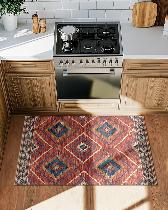 Area Rug 2x3 Rug Machine Washable Non-Slip Low Pile Print Pattern Western Rug for Living Room Bedroom Entryway Tribal Series -Red/Orange