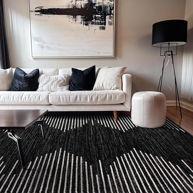 Rugshop Bohemian Stripe Stain Resistant High Traffic Living Room Kitchen Bedroom Dining Home Office Area Rug 6'6" x 9' Black