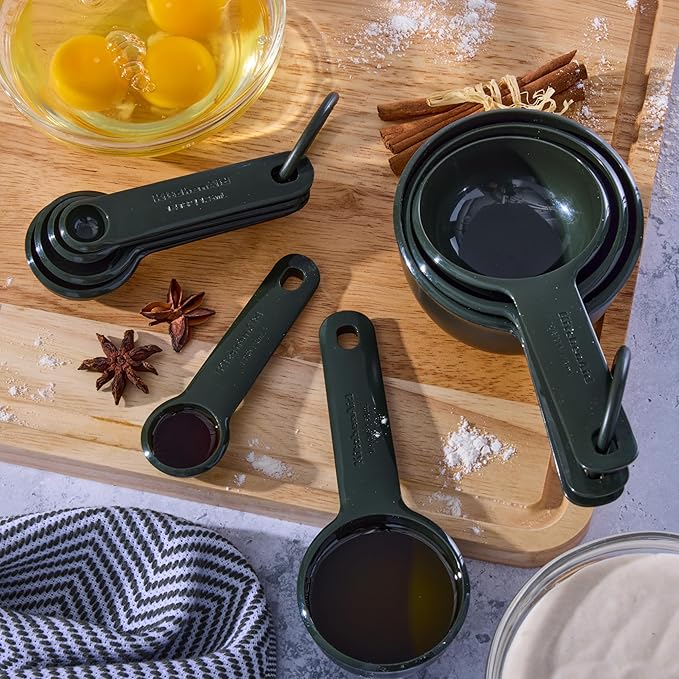 KitchenAid Plastic Measuring Cups and Spoon Set, Set of 9, /4, 1/2, 1/3, and 1 cup sizes, and 1 tbsp, 1/2 tbsp, 1 tsp, 1/2 tsp and 1/4 tsp, Evergreen