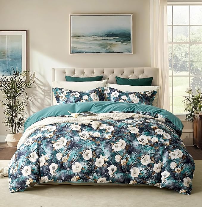 Cupocupa Duvet Cover Queen Size Set Boho Floral Pattern Queen Duvet Cover Set for Queen Size Bed Vintage Soft Bedding Leaf Print Duvet Cover with Pillowcases