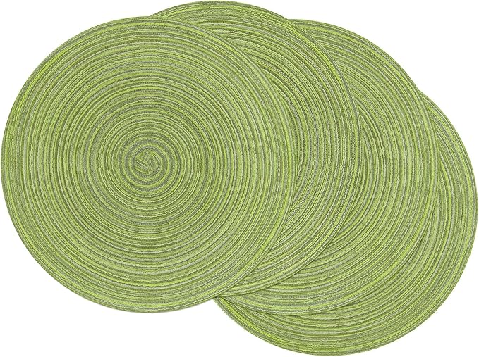 SHACOS Round Placemats Set of 4 Round Table Placemats Braided Cotton Place Mats 15 inch for Kitchen Dining Table Holiday Party (Pea Green, 4)