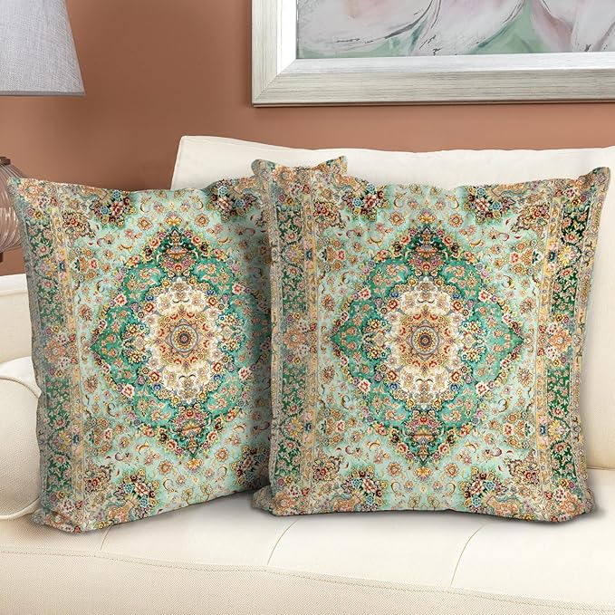 Boho Floral Throw Pillow Covers 16x16 inch Set of 2,Green Boho Rug Geometric Floral Pattern Decor Double Sided Pattern Cushion Cover Soft Pillow Case Living Sofa Room Bed Square Pillow Cover