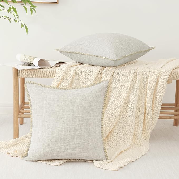 decorUhome Decorative Outdoor Throw Pillow Covers 22x22 Set of 2, Square Linen Rustic Neutral Farmhouse Euro Pillow Covers with Stitched Edge for Couch, Sofa, Living Room, Beige