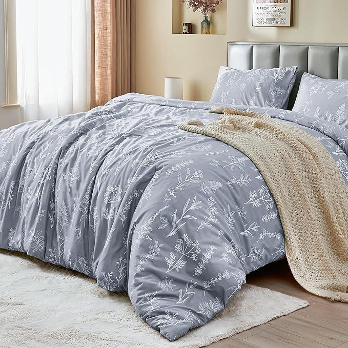 MUXHOMO Duvet Cover Full Size, Reversible Floral Grey Duvet Cover Set with Zipper Closure, 3 Pieces Botanical Patterns Soft Microfiber Bedding Set with 4 Ties (80"x90", 2 Pillow Cases)
