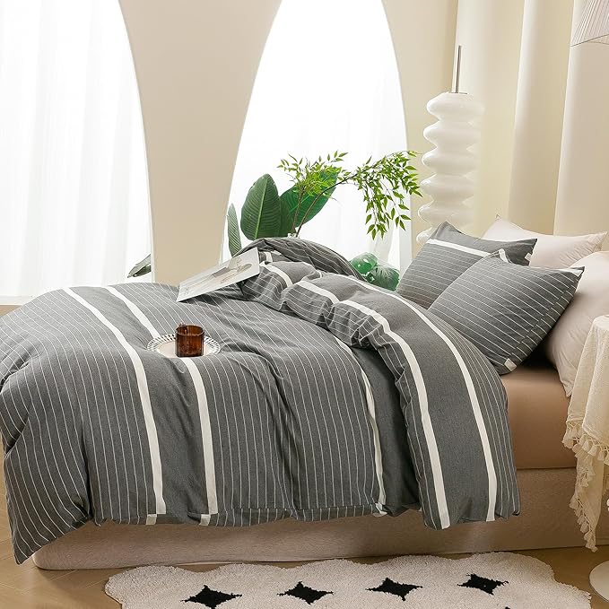 ECOCOTT Grey Striped Duvet Cover Oversized King Size, 100% Washed Cotton 3-Piece Bedding Set - Ultra Soft, Breathable & Easy Care with Zipper Closure and 2 Pillowcases, No Comforter