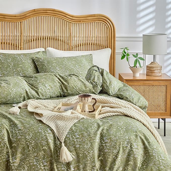 mixinni 3 Pieces Duvet Covers King Size, 100% Cotton Comforter Cover Wildflower Printed on Army Green Floral Bedding Set with Zipper Closure 4 Ties (1 Duvet Cover 104"x90", 2 Pillow Cases 20"x36")