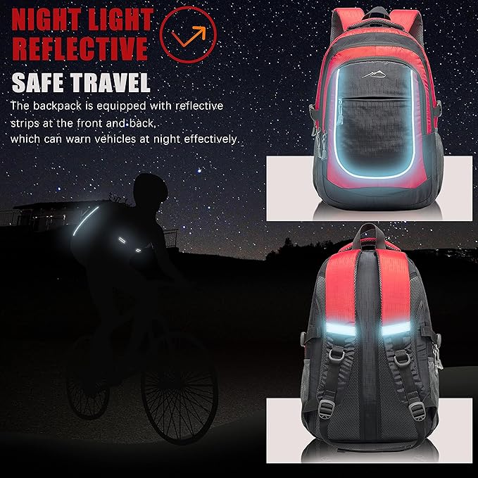 ProEtrade Extra Large Backpack Bookbag for College Travel Laptop Business Hiking Backpack Fit Laptop Up to 17 Inch Sturdy Multi Compartment Gifts for Men Women Night Light Reflective (Light Red)