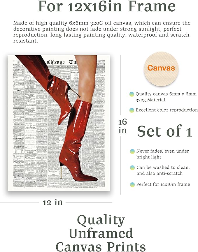 EcoHest UnFramed Trendy Newspaper Red Boots Wall Art, 12x16 in OAK Wood Fashion Icon Canvas Wall Art, Magazine Home Decor, Beige Logs Retro Set of 1 for Bedroom Living Room