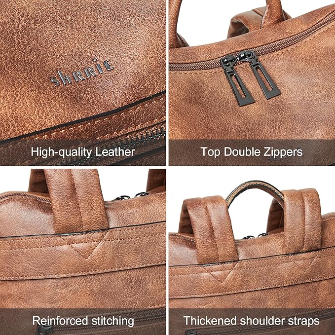 Shrrie 15.6 inch Laptop Backpack for Women,Large Leather Purse,Travel Backpacks Carry on,Water Resistant Casual Laptop Backpacks,College Backpack,Work Backpack for Women,Two-tone Camel Brown