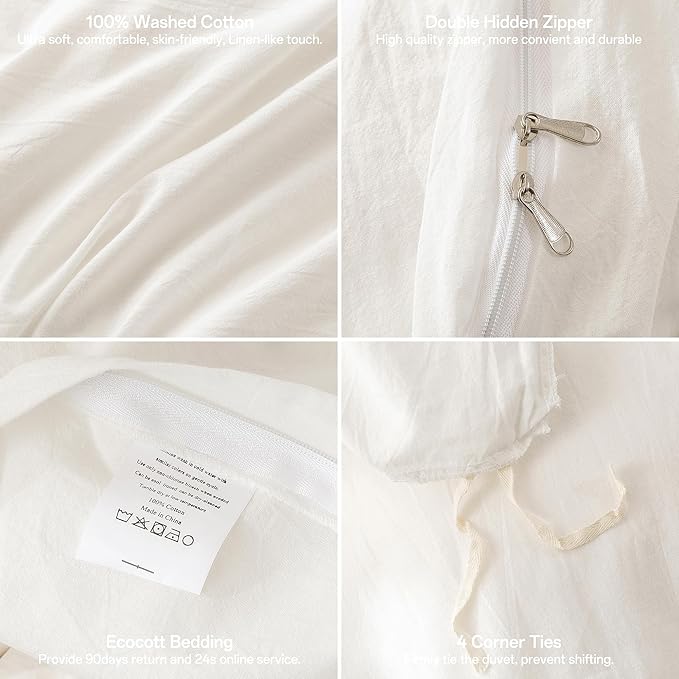 ECOCOTT White Duvet Cover Queen Size, 100% Washed Cotton 1 Duvet Cover with Zipper and 2 Pillowcases, Ultra Soft and Easy Care Breathable Bedding Set (White, Queen)
