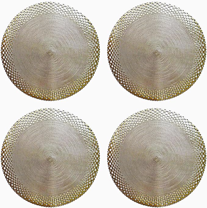 Vinyl Round Placemats Set of 4 - Non Slip Place Mats Ideal for Indoor and Outdoor Dining Table - Washable and Heat Resistant Table Mat for Kitchen Tables (Vincent Gold)
