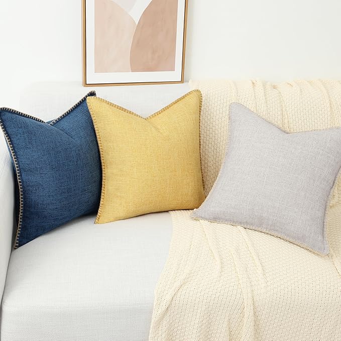 decorUhome Decorative Outdoor Throw Pillow Covers 20x20 Set of 2, Square Linen Rustic Neutral Farmhouse Euro Pillow Covers with Stitched Edge for Couch, Sofa, Living Room, Mustard Yellow