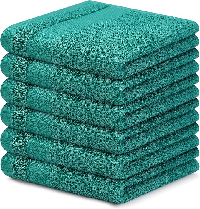 Homaxy 100% Cotton Dish Cloths, 6 Pack - 12 x 12 Inches, Waffle Weave Super Soft and Absorbent Dish Towels Quick Drying Dishcloths, Green
