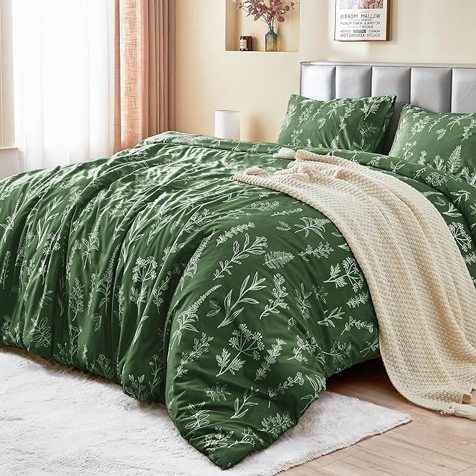 MUXHOMO Duvet Cover Queen Size, Reversible Floral Dark Green Duvet Cover Set with Zipper Closure, 3 Pieces Botanical Patterns Soft Microfiber Bedding Set with 4 Ties (90"x90", 2 Pillow Cases)