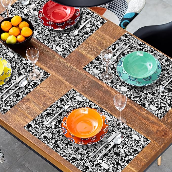 Giwawa Gothic Skull Placemats, Halloween Skeleton Decorative Linen Place Mat, Spooky Day of The Dead Table Mats for Kitchen Dining, Heat Resistant Non Slip, Set of 4, 12"x18"