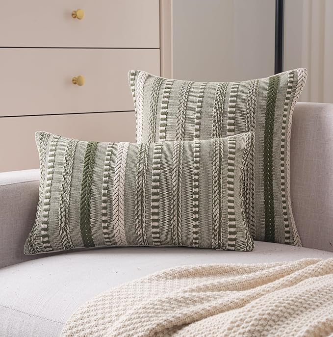 Boho Throw Pillow Covers 22x22 Inch Set of 2, Farmhouse Decorative Couch Pillow Cases, Green Accent Pillows of Bed, Sofa Bedroom Living Room Home Decor Cushion Cover