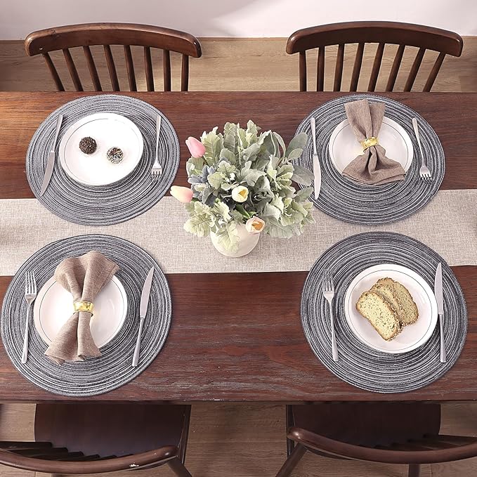 SHACOS Round Placemats Set of 4 Round Braided Placemats 15 inch Cotton Polyester Woven Table Placemats for Dining Table Holiday Party (Black Grey, 4)
