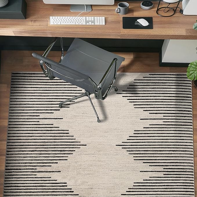 Rugshop Bohemian Stripe Stain Resistant High Traffic Living Room Kitchen Bedroom Dining Home Office Square Rug 6'6" Cream