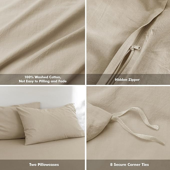 FOSSA Duvet Cover Set 100% Washed Cotton Linen Feel Super Soft Breathable Cozy 3 Pieces Bedding Sets Solid Light Khaki Queen