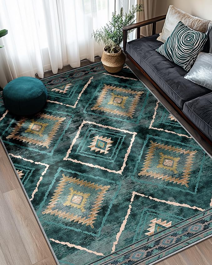 Area Rug 5x7 Rug Machine Washable Non-Slip Low Pile Print Pattern Western Rug for Living Room Bedroom Entryway Tribal Series -Teal/Green