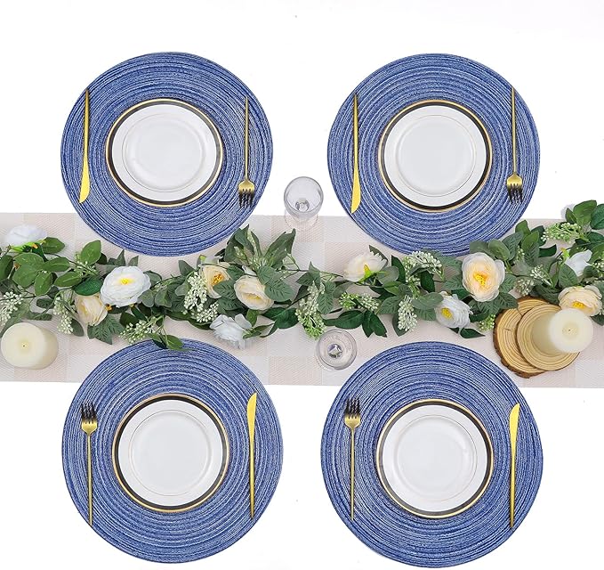 SHACOS Round Braided Placemats Set of 8 Round Table Mats for Dining Tables Washable Fabric Kitchen Table Place Mats (Blue White, 8)