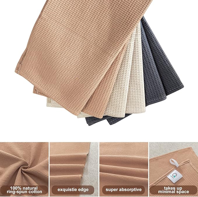 QUILTINA Dish Towels Set,100% Cotton Waffle Weave Kitchen Towels 6 Pack,17 x 25 Inches Dish Towels for Kitchen,Super Absorbent for Drying and Cleaning (Beige, Brown, Dark Grey)