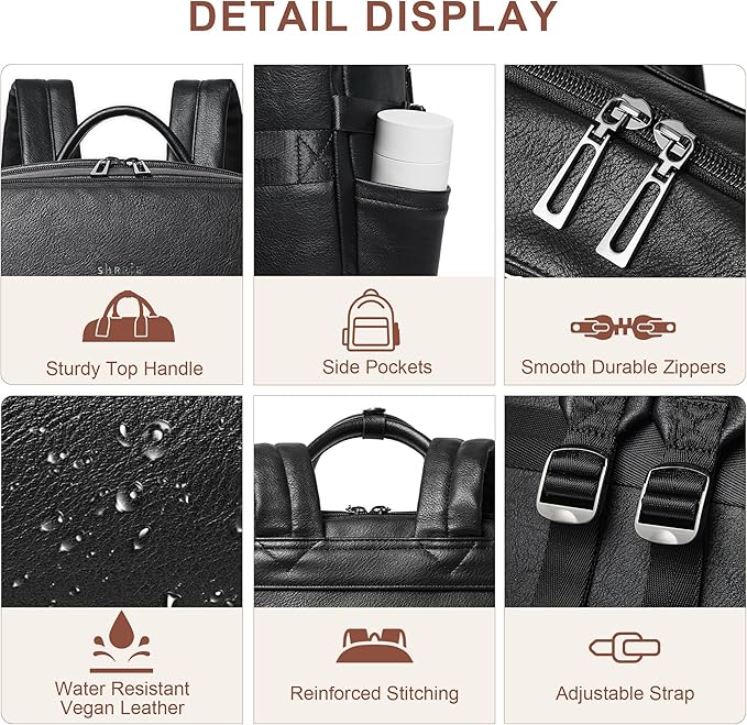 Shrrie Laptop Backpack for Women,Vegan Leather Backpack Work Computer Backpacks fits 16" Laptop,Water Resistant Teacher Nurse Casual Daypack for Weekender Camping Travel,Two-toned Black