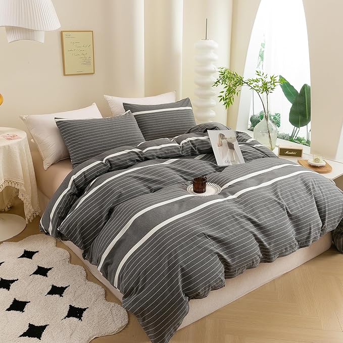 ECOCOTT Duvet Cover Set, 100% Washed Cotton Linen-Like Textured Soft & Breathable, Durable Comfy Bedding Set for All Seasons California King Size, Grey Stripes