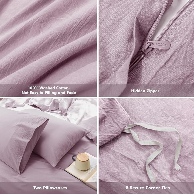 FOSSA Duvet Cover Set 100% Washed Cotton Linen Feel Super Soft Breathable Cozy 3 Pieces Bedding Sets Solid Light Purple King