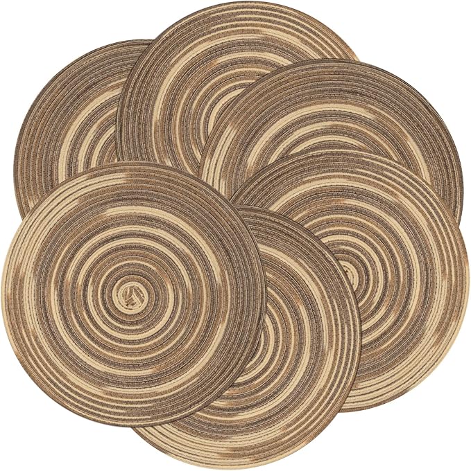 SHACOS Round Braided Placemats 15 inch Set of 4 Variegated Washable Kitchen Table Place Mats Table Mats for Home Wedding Party (Rainbow Brown, 4)
