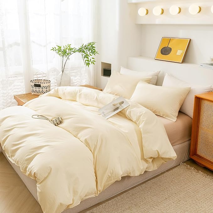 ECOCOTT Duvet Cover Queen Size - 3 Piece 100% Washed Cotton Bedding Set, Soft and Breathable with Zipper Closure & 8 Corner Ties - Comfortable and Stylish for All Seasons (Cream)
