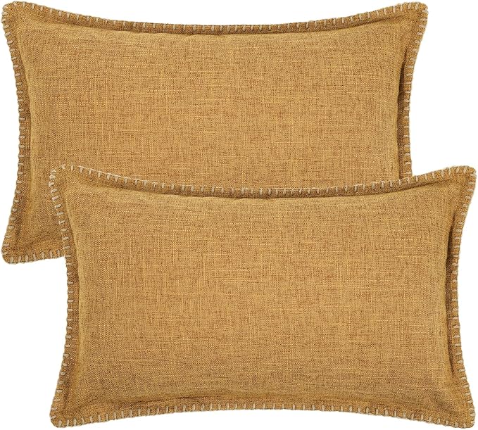 decorUhome Decorative Outdoor Throw Pillow Covers 12x20 Set of 2, Lumbar Linen Rustic Neutral Farmhouse Euro Pillow Covers with Stitched Edge for Couch, Sofa, Living Room, Bronze Gold