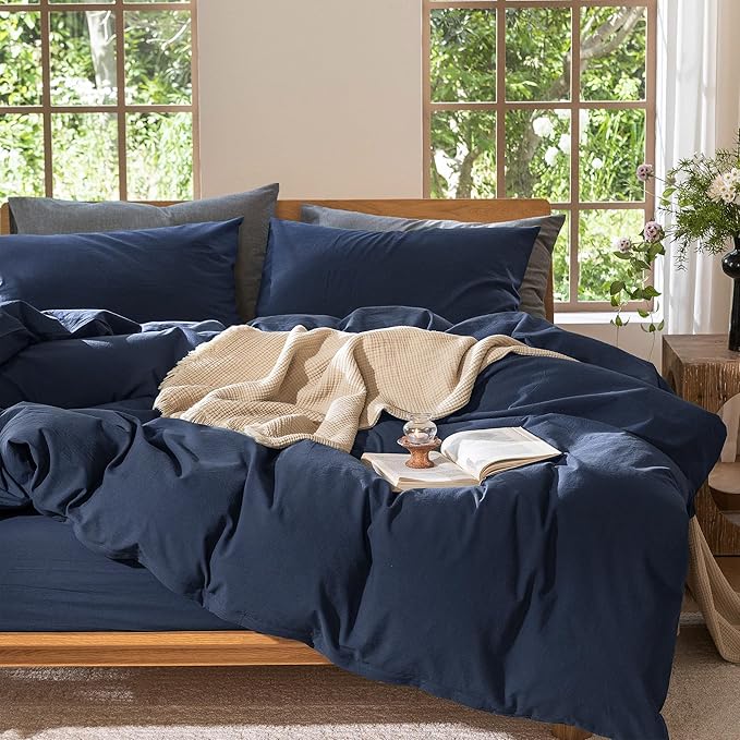 MooMee Bedding Duvet Cover Set 100% Washed Cotton Linen Like Textured Breathable Durable Soft Comfy (Solid Navy, Queen 90"x90")