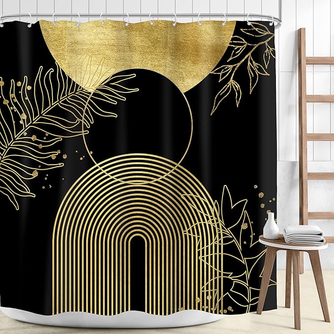 Black Gold Boho Shower Curtain 72Wx72H Bohemian Mid Century Modern Abstract Golden Leaves Plant Botanical Bathroom Decor Minimalist Geometric Neutral Bath Curtain Fabric Polyester 12 Pack Hooks