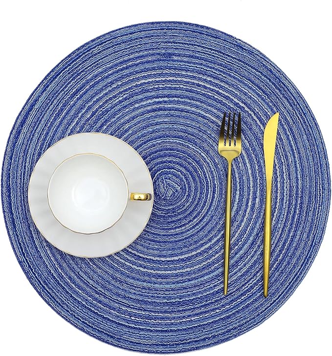 SHACOS Round Braided Placemats Set of 8 Round Table Mats for Dining Tables Washable Fabric Kitchen Table Place Mats (Blue White, 8)