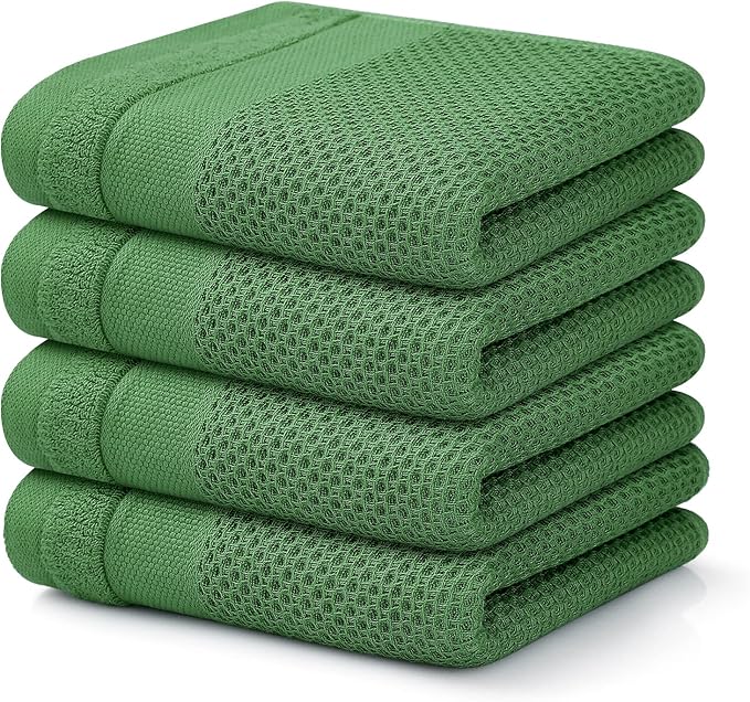 Homaxy 100% Cotton Waffle Weave Kitchen Towels, 13 x 28 Inches Super Absorbent and Machine Washable Dish Towels for Drying Dishes, 4-Packs, Grass Green