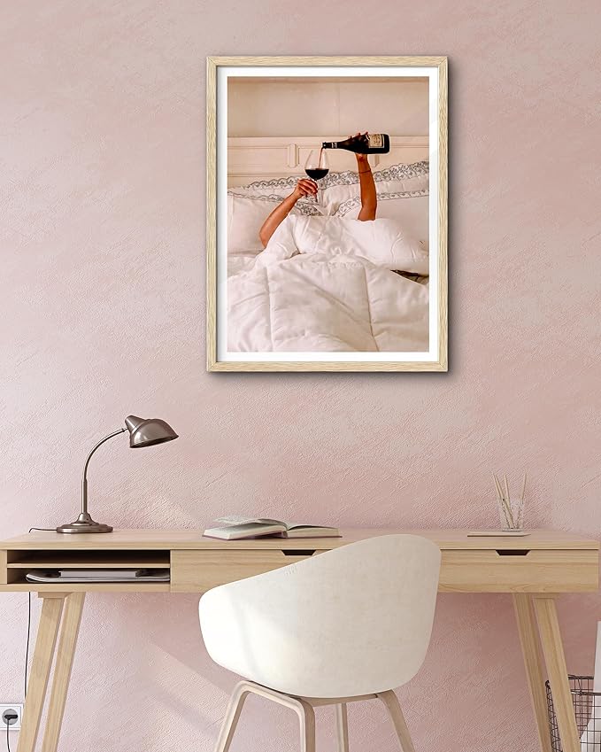 EcoHest Woman Drinking Wine in Bed Framed Wall Art, 16x20 in Large OAK Wood Feminist Alcohol Canvas Art, Trendy Teen Girl Bar Cart College Room Decor, Beige Logs Set of 1 For Bedroom Living Room
