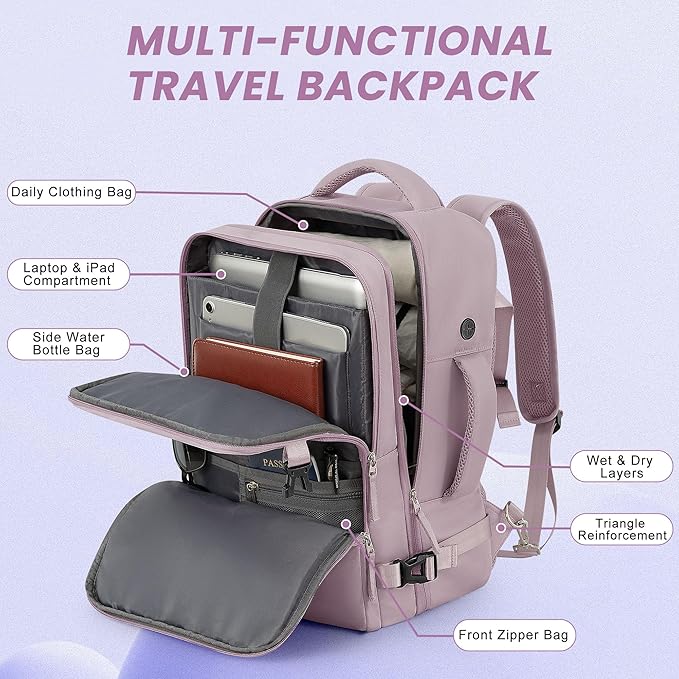 Travel Backpack, Carry on Flight Approved Backpack with Multi-Pockets, TSA Waterproof 17.3inch Laptop Backpack, Personal Item Travel Bag for Men Women, Light Purple