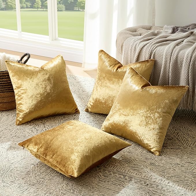 GIGIZAZA Gold Pillow Covers 20x20 Set of 4,Velvet Luxury Couch Throw Pillow Soft Covers Decorative Modern Square Pillows Living Room Vintage Cushion Covers