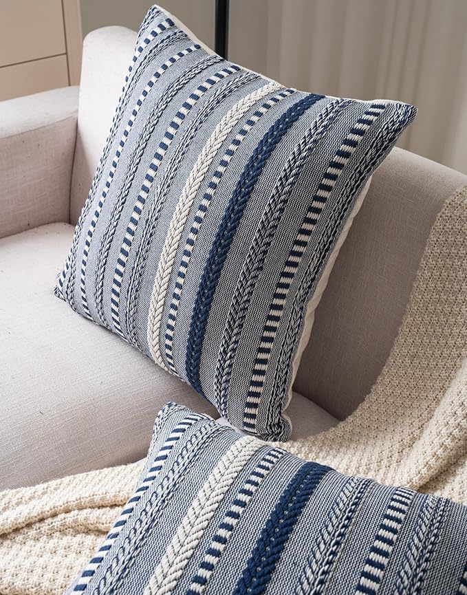 Boho Throw Pillow Covers 18x18 Inch Set of 2, Farmhouse Decorative Couch Pillow Cases, Navy Blue Accent Pillows of Bed, Sofa Bedroom Living Room Home Decor Cushion Cover