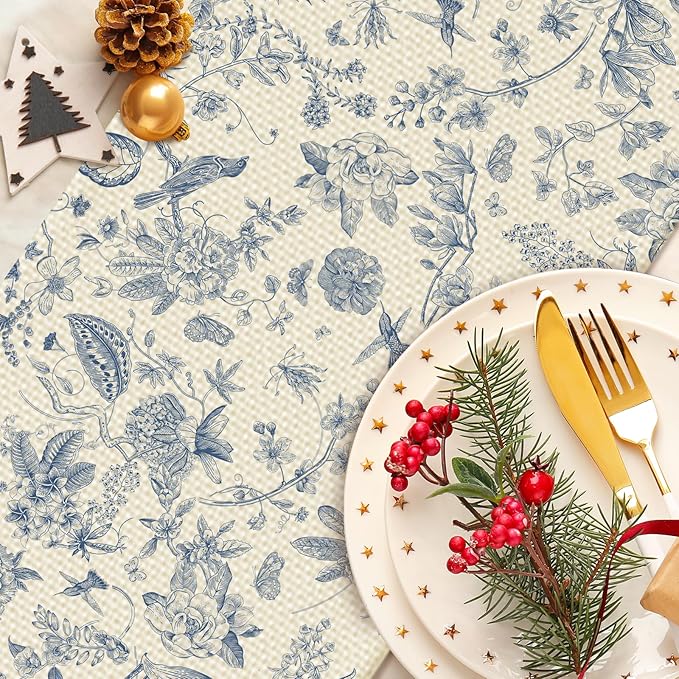 Blue Flower Burlap Table Runner Seasonal Spring Fall Kitchen Dining Linen Table Decoration for Indoor Outdoor Home Party Dinner 13x72 Inch