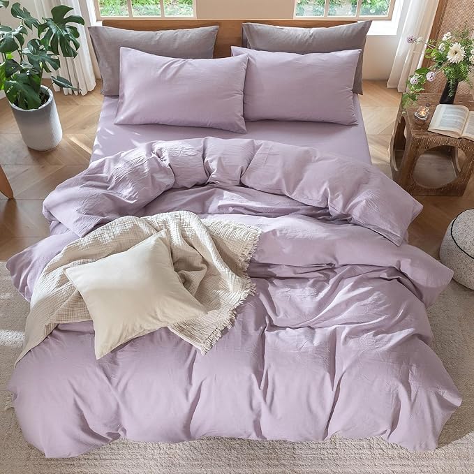 MooMee Bedding Duvet Cover Set 100% Washed Cotton Linen Like Textured Breathable Durable Soft Comfy (Heathered Light Purple, Queen 90"x90")