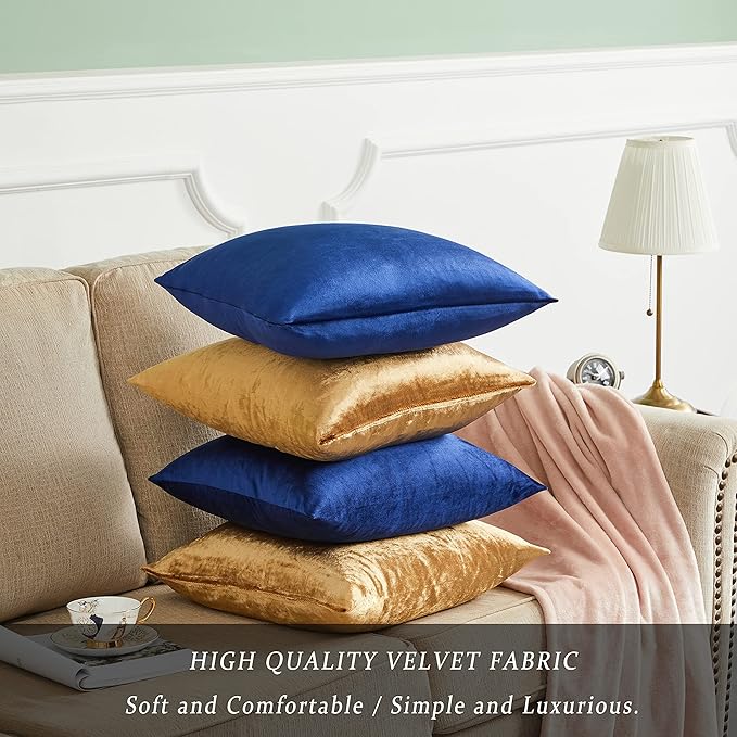 GIGIZAZA Velvet Gold Blue Pillow Covers 18x18，Pack of 4 Decorative Throw Pillow Soft Covers Square Couch Pillow Modern Covers Living Room Luxury Cushion Covers