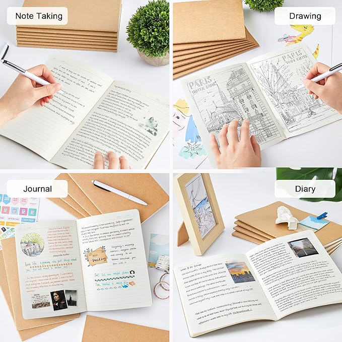 feela 60 Pack Kraft Notebooks Bulk, Lined Travel Journals Note Pad Notebooks for Men Women Girls Students, Making Plans Writing Memos Office School Supplies, A5, 60 Pages, 8.3” X 5.5”