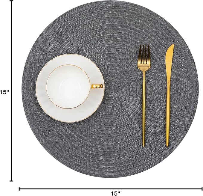 SHACOS Round Placemats Set of 6 Washable 15 inch Round Table Mats Cotton Polyester Woven Braided Place Mats for Dining Table (Charcoal Gray, 6)