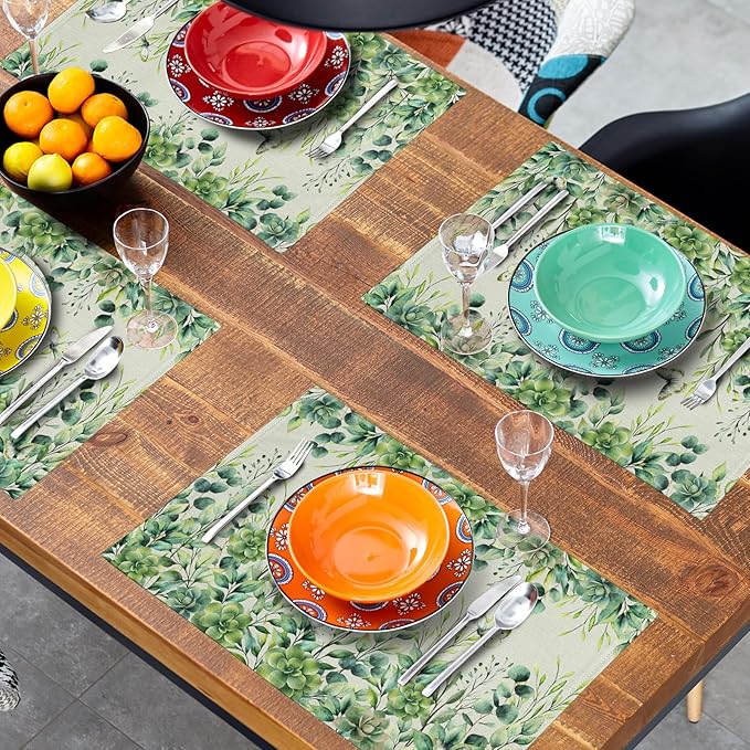 Giwawa 4PCs Spring Summer Leaf Placemats 12x18 Inch Sage Green Eucalyptus Leaves Butterflies Linen Washable Place Mat Stain Resistant Table Mats for Kitchen Dining Seasonal Decor