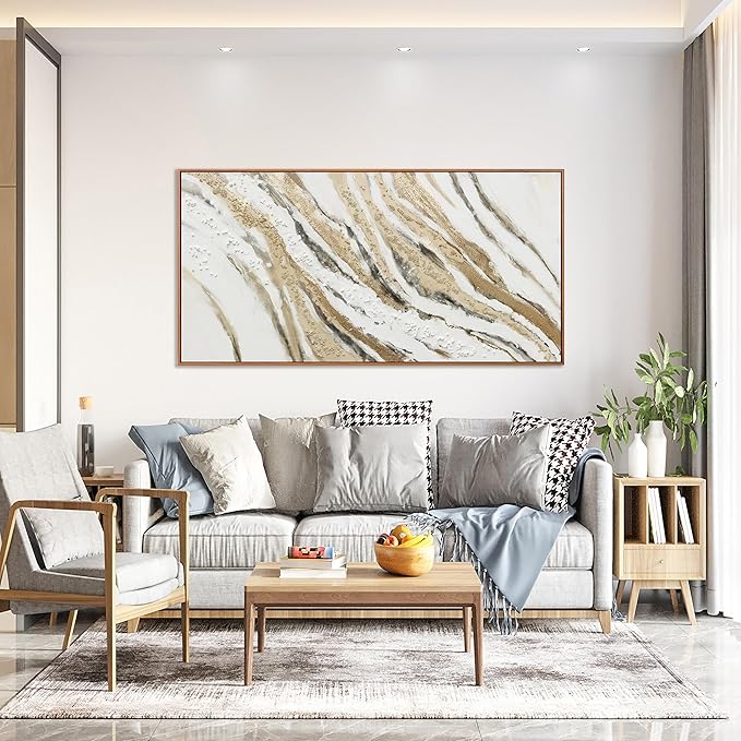 Abstract Wall Art Framed Artwork Abstract Painting With Golden And White Lines Decor Modern Canvas Wall Decor Suitable For Bedroom Apartment Office Dining Room Wall Decor Can Be Hang 24"X48"